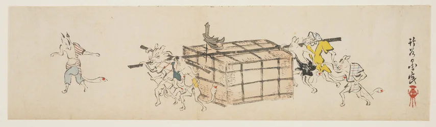 Witte vossen dragen een koffer, ca. 1840